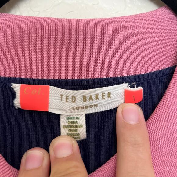 Ted Baker Colour by Numbers “Origami” Striped Knit Polo Dress Navy Pink Size 1 - Picture 5 of 12